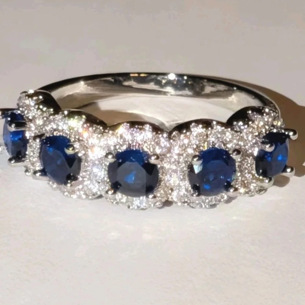3.5ct Lab-Created Blue Sapphire Band Half Eternity Halo 14k White Gold Plated